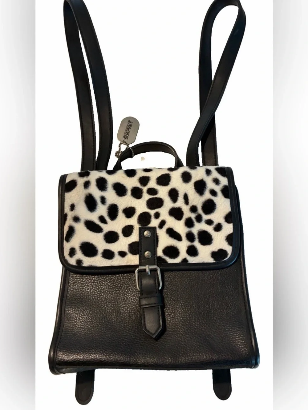 Vintage 90s Esprit Backpack Dalmatian Faux Calf Hair Flap GENIUNE Leather Bag
